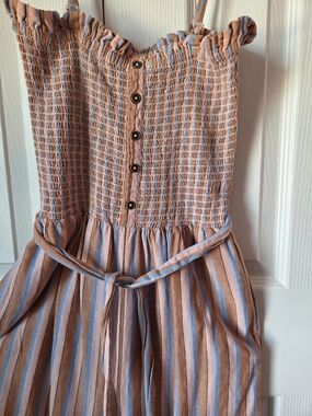 Billabong Pink and Blue Striped Smocked Jumpsuit